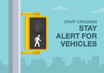 Pedestrian safety tips and traffic regulation rules. "Walk" or "don't walk" signals. Start crossing, stay alert for vehicles. Close-up view. Flat vector illustration template. 