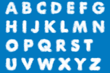 White clouds of English alphabet character from A to Z. on the blue background.