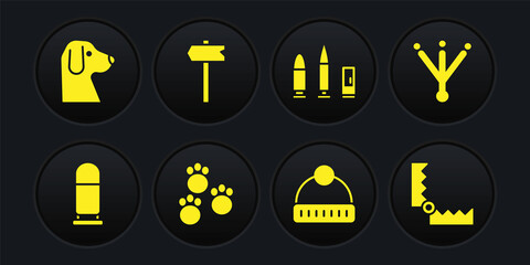 Set Bullet, Bird footprint, Paw, Winter hat, and cartridge, Road traffic sign, Trap hunting and Dog icon. Vector