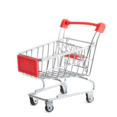 miniature grocery cart isolated on white background
