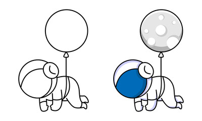 cute astronaut with moon balloon coloring page for kids