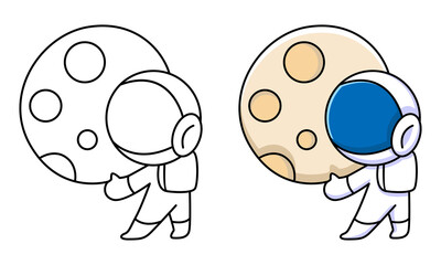 cute astronaut holding the moon coloring page for kids