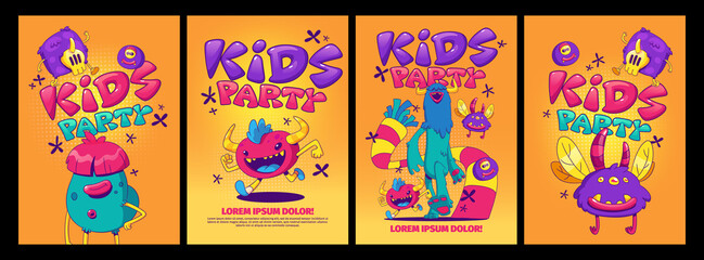 Fototapeta na wymiar Kids party posters with cute monsters in contemporary art style. Vector banners of event for children with funny comic alien creatures on orange background