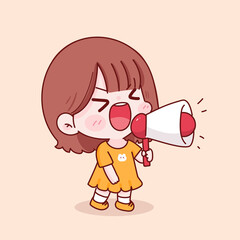 Cute kid girl holding megaphone hand drawn cartoon character illustration