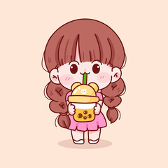 Cute kid girl holding bubble milk tea hand drawn cartoon character illustration
