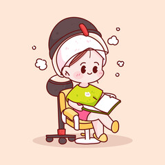 Cute kid girl steamer with a hair treatment hand drawn cartoon character illustration