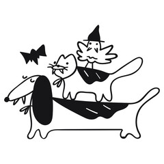 Dog, cat and bird wearing creepy costumes for Halloween party. Outline vector illustration.