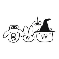 Dog, rabbit and cat wearing funny vampire fangs for Halloween party. Hand drawn outline vector illustration on white background.