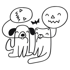 Cat and dog holds balloons. Halloween concept. Outline vector illustration on white background.