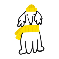 Dog wearing yellow hat and scarf. Vector hand drawn illustration on white background. 