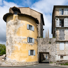 Bayonne in the pays Basque, typical narrow street in the historic center, with the Tour Vieille Boucherie
