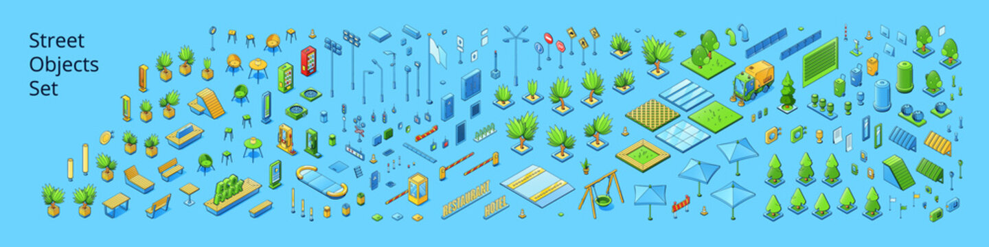 Street objects set with isometric trees, road signs, traffic lights, hotel and restaurant signboards. Vector illustration of park and cafe objects, lanterns, vending machines, sweeper and solar panels
