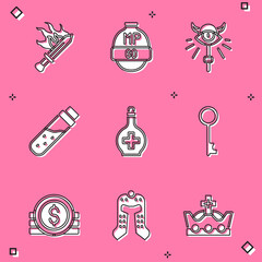 Set Sword for game, Video bar, Magic staff, Bottle with potion, Old key, Ancient coin and Medieval helmet icon. Vector