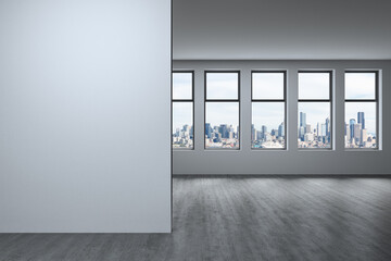 Downtown Seattle City Skyline Buildings from High Rise Window. Beautiful Expensive Real Estate overlooking. Empty room Interior. Mockup wall. Skyscrapers Cityscape. Day. USA. 3d rendering