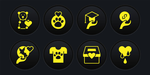 Set Hand holding Earth globe, Donation charity, Animal volunteer, Education grant, Heart with animals footprint, Blood donation and Donate child toys icon. Vector