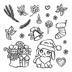 HAPPY NEW YEAR SET LINE Monochrome Christmas Decoration Set With Cute Rabbit In Santa Hat Holiday Gifts Sweets Berries Bell Christmas Branch Lollipop And Sock