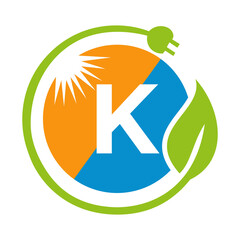 Letter K Solar Energy Logo Design Concept with Sun, Leaf and Electric Plug Solar Panel Vector Template