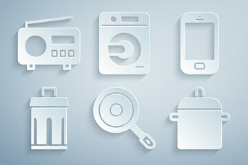 Set Frying pan, Mobile phone, Trash can, Cooking pot, Washer and Radio icon. Vector