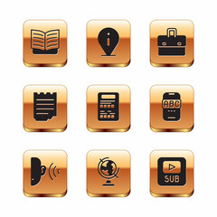 Set Open book, Ear listen sound signal, Earth globe, Exam sheet, Notebook, Briefcase, Video with subtitles and Information icon. Vector