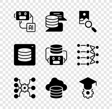 Set Artificial intelligence robot, Server, Data, Photo retouching, Neural network, Cloud database, Graduation cap, and icon. Vector