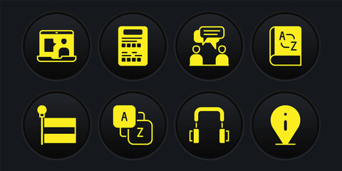Set Flag, Translator book, Vocabulary, Headphones, Two sitting men talking, Exam sheet, Information and Foreign language online study icon. Vector
