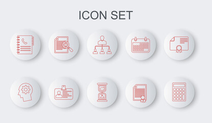 Set line Calculator, Human head with gear inside, Referral marketing, Certificate template, Phone book, Document search, Identification badge and Old hourglass icon. Vector