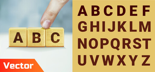 Three wooden cubes in row. Wooden cube blocks with letter.