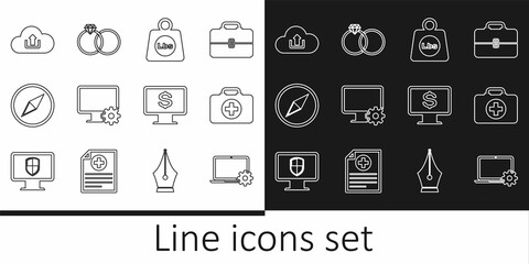 Set line Laptop and gear, First aid kit, Weight pounds, Computer monitor, Wind rose, Cloud upload, Monitor with dollar and Wedding rings icon. Vector