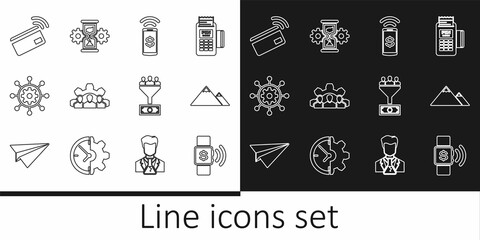 Set line Contactless payment, Mountains, Project team base, management, Lead and Hourglass and gear icon. Vector