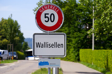 Close-up of traffic sign with and sign energy city on a sunny summer day at City of Wallisellen,...