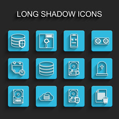 Set line Hard disk drive HDD, Cloud database, Database protection, Delete file document, Tombstone with cross and sync refresh icon. Vector