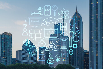 Chicago skyline from Butler Field to financial district skyscrapers at sunset, Illinois, USA. Parks and gardens. Education concept. Academic research, top ranking universities, hologram