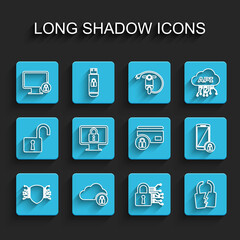 Set line Cyber security, Cloud computing lock, Lock on monitor, Broken cracked, Smartphone with and Credit card icon. Vector