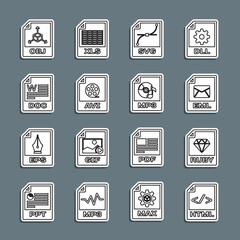 Set line HTML file document, RUBY, EML, SVG, AVI, DOC, OBJ and MP3 icon. Vector