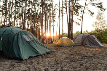 summer camp in the forest. dawn in the forest against the background of a group of tents. wonderful summer vacation in the forest. people sleep in tents