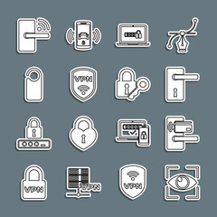 Set line Eye scan, Digital door lock with wireless, Door handle, Laptop password, Shield VPN, Please not disturb, and Lock key icon. Vector