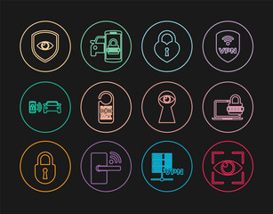 Set line Eye scan, Laptop with password, Castle in the shape of heart, Please do not disturb, Smart car alarm system, Shield and eye, Keyhole and security icon. Vector