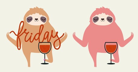 Vector set with sloth, wine glass and lettering word Friday. Colored typography poster collection with drink and animal