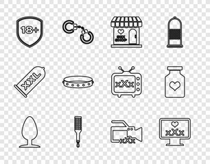 Set line Anal plug, Monitor with 18 plus content, Sex shop building, Spanking paddle, Shield, Leather fetish collar, Video camera and Bottle pills for potency icon. Vector