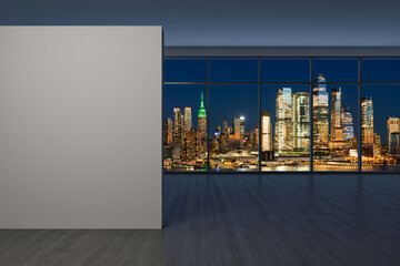Midtown New York City Manhattan Skyline Buildings from High Rise Window. Mockup white wall. Real Estate. Empty room Interior Skyscrapers View Cityscape. Night. Hudson Yards West Side. 3d rendering