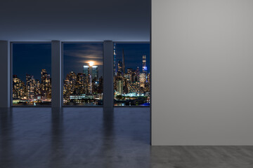 Midtown New York City Manhattan Skyline Buildings from High Rise Window. Expensive Real Estate. Empty room Interior with Mockup wall. Skyscrapers View Cityscape. Night. West side. 3d rendering.