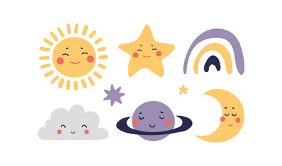 A set of space celestial characters for a children s poster, a smiling sun, a sleeping moon, a planet with a face, a rainbow. Set of kids stickers, vector flat illustration isolated on white