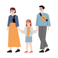 Family walking hand in hand. Flat drawn style vector design illustrations.