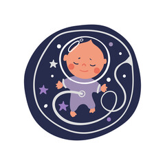Obraz na płótnie Canvas This is a boy. Baby astronaut in the mother s uterus, the concept of pregnancy, mystical childbirth. Cute flat cartoon illustration isolated on white background.