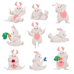 Set of illustrations with a cute gray rabbit. Cheerful rabbit stands, sits, dances eats carrots vector flat illustration