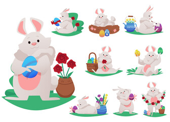 Cute cartoon Easter rabbits, flat vector illustration set isolated on white