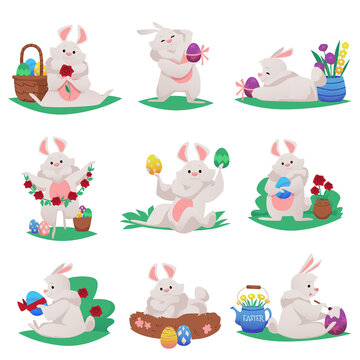 Cute cartoon rabbits celebrating Easter with eggs, flat vector illustration set