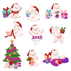 Christmas New Year set with cute white rabbit flat vector illustration isolated.