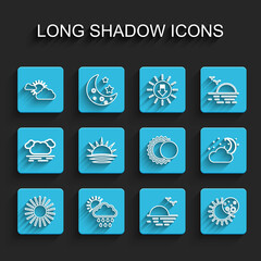 Set line Sun, Cloud with rain and sun, cloud weather, Sunset, Eclipse of, moon stars and icon. Vector