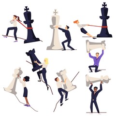 People and chess, business strategy, flat vector illustration set on white background.